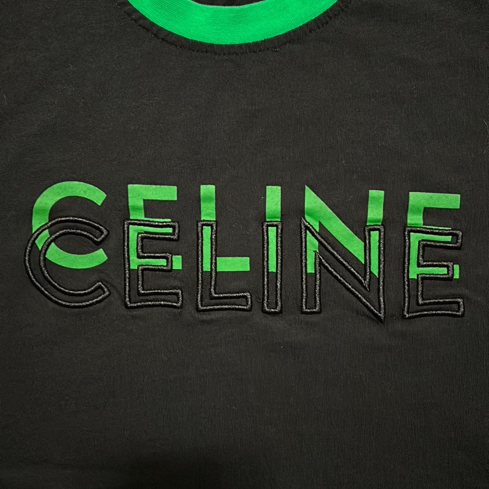 CELINE Paris Logo T-Shirt Black & Green Graphic Tee Cotton Designer Shirt XL